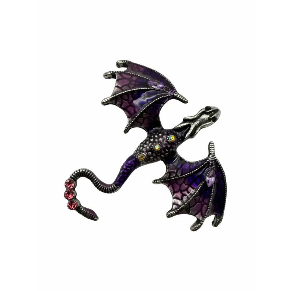 Flying Dragon Brooch Pin Purple Enamel Silver Tone Rhinestone Fantasy